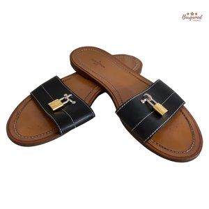 Authentic Louis Vuitton Black Brown Leather Lock It Flat Slides Sandals Size 38